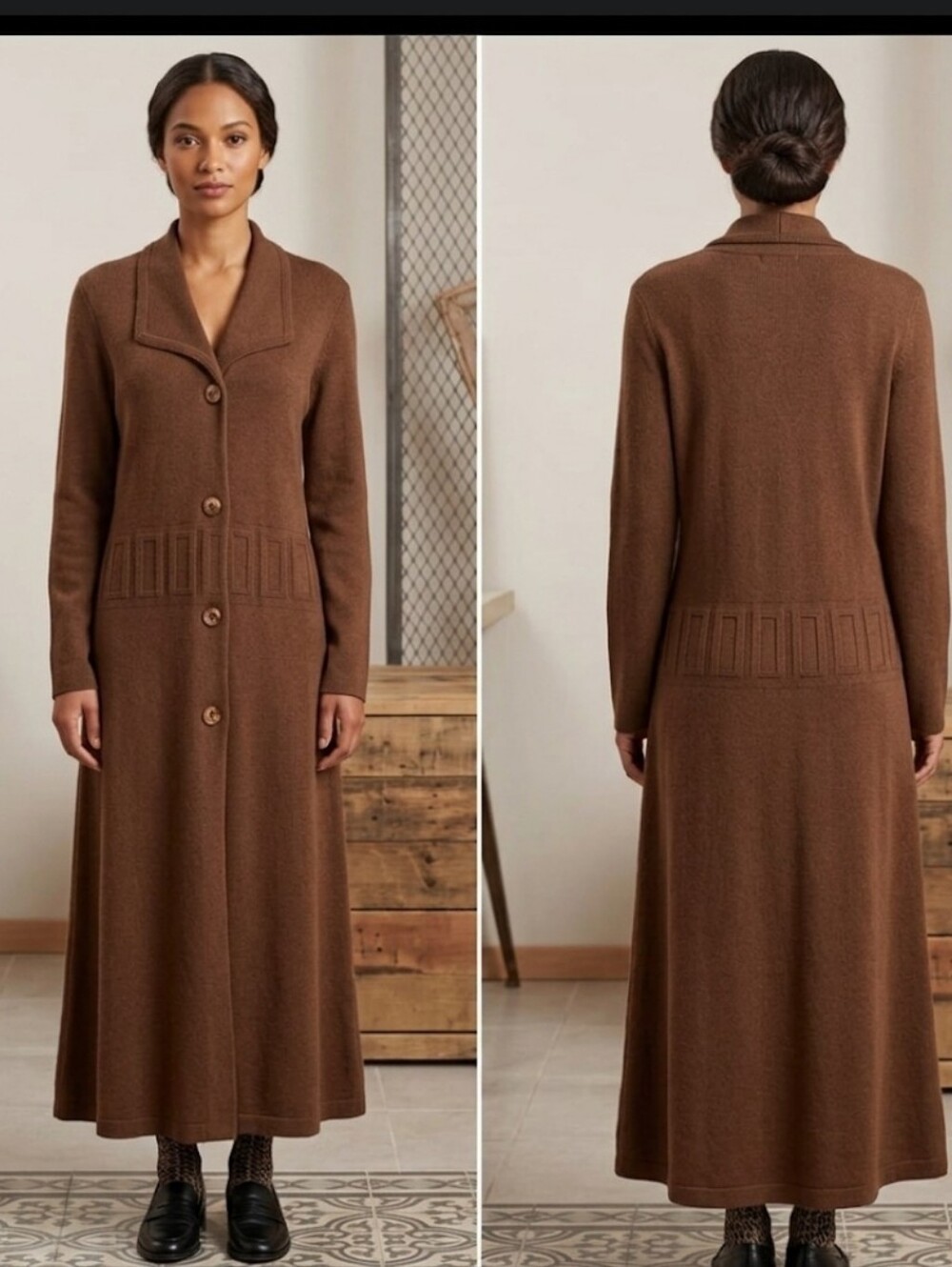 Vtg brown knit coat dress M Tejidos Tein Portugal